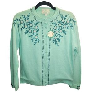 VTG 60'S NWT Harilelas Hand Beaded Cardigan Aqua Blue Lambswool/ angora Blend